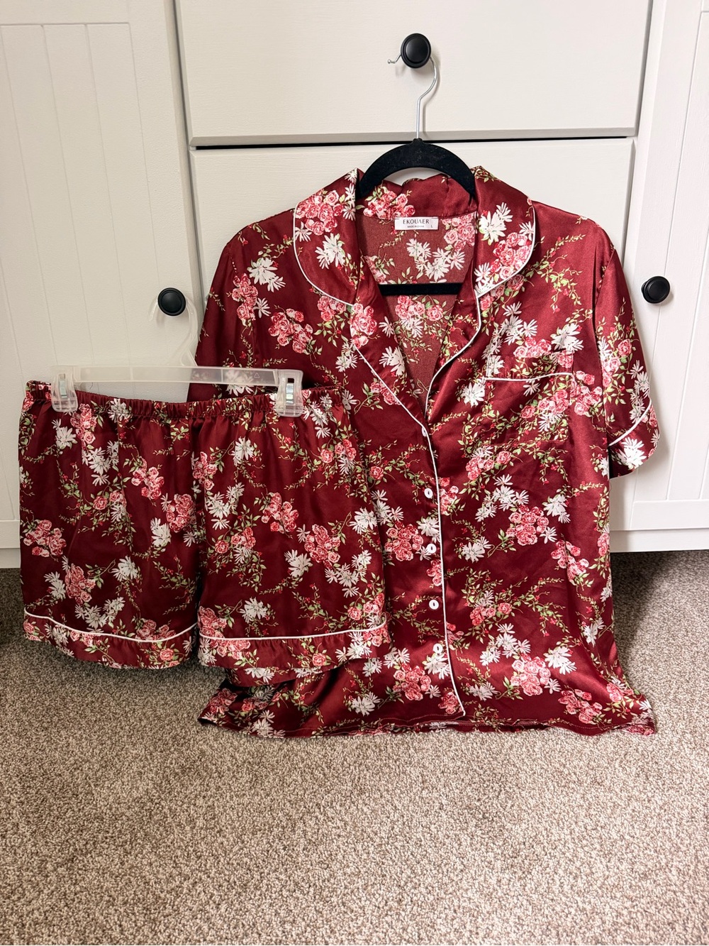 Women's Satin Pajama Set - Burgundy Floral